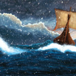 A digital illustration of a viking ship sailing through a snow storm.