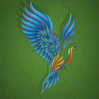 An image of a vibrant colour vector bird in mid flight.