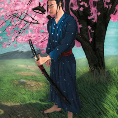 Digital Illustration of a Samurai in deep reflection under the shadow of a cherry blossom tree.
