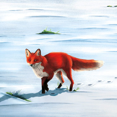 A digital illustration of a red fox walking in the snow.