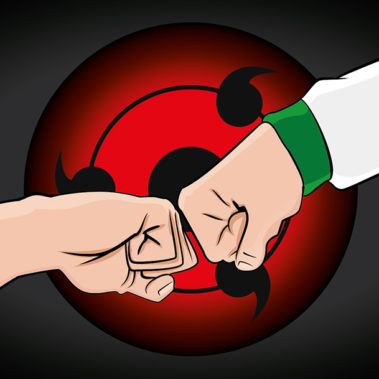 Vector illustration of two fists connecting in way of respect, with a red sharingan.