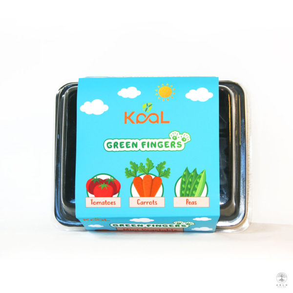 Top view of Green Fingers kit container featuring a cartoon farmer.