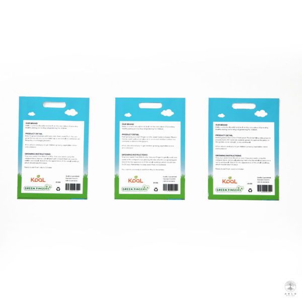 Back view of Green Fingers seed packets displaying product information.