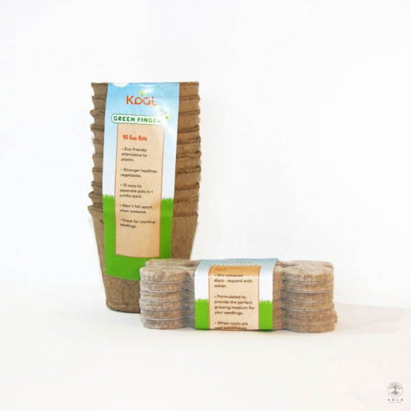 Image of pots and discs as part of the Green Fingers grow kit.