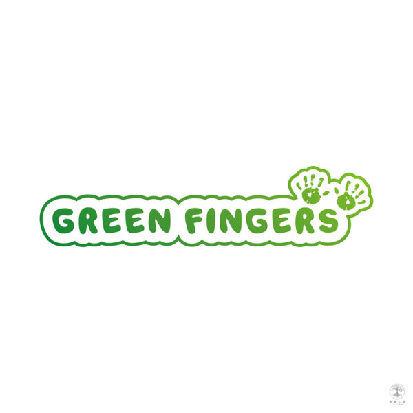 Green typography logo with a childs hand print motif.
