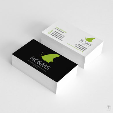 Double side business cards designed for Herts Cleaning and Maintenance Services, featuring the company’s green butterfly logo.