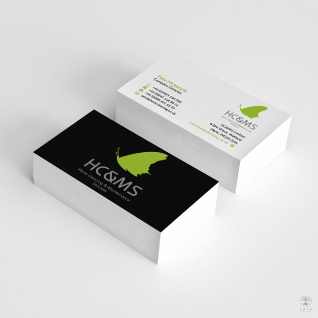 Double side business cards designed for Herts Cleaning and Maintenance Services, featuring the company’s green butterfly logo.