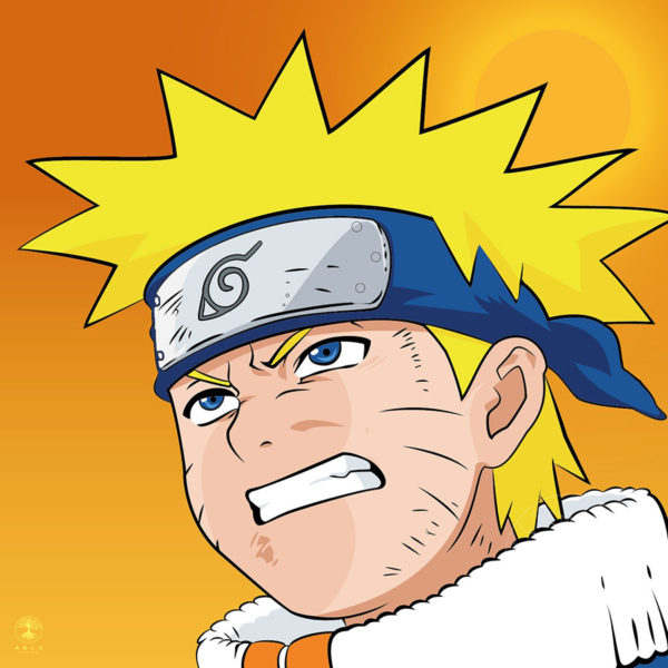 Vector illustration of Naruto with a sun background.