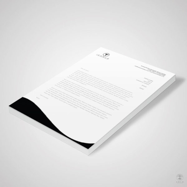 Letterhead design for Icarus Construction Solutions and Services with a black wave footer.