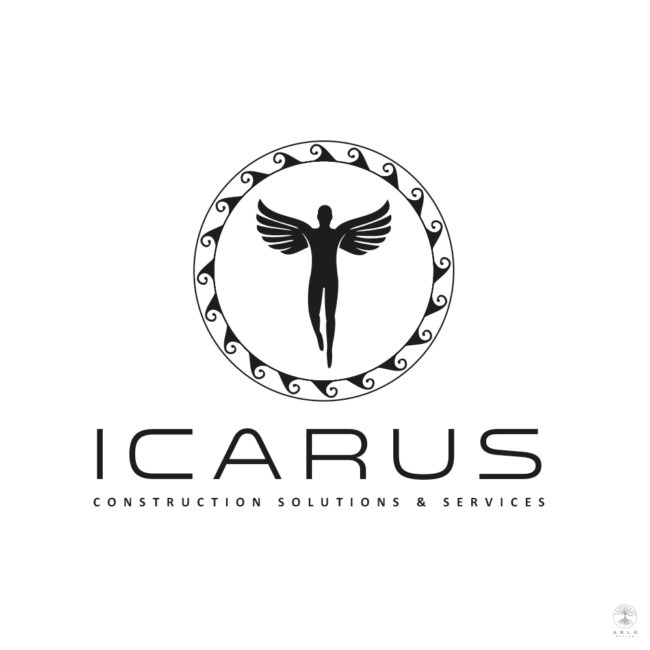 Icarus Logo, featuring a silhouette of front view winged man within a Greek theme circle border.