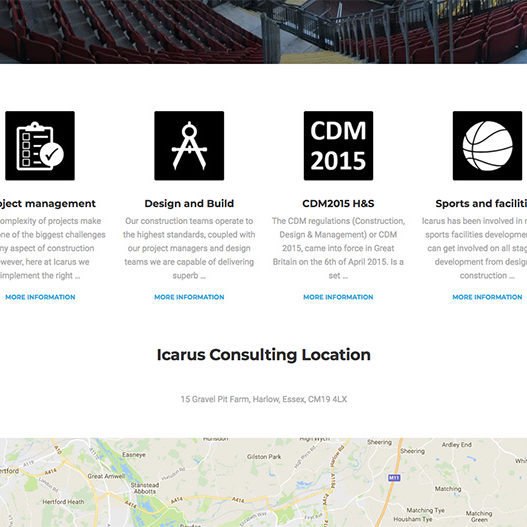 An image of Icarus Construction Solutions and Services homepage featuring the web icons in use.