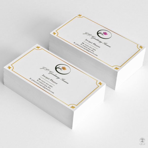 Business card design displaying both purple and gold coloured flower motifs for J.P. Gardening Services.