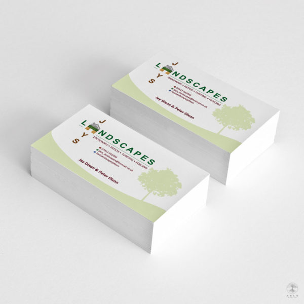 Green on white landscape designed business cards for Jays Landscapes.