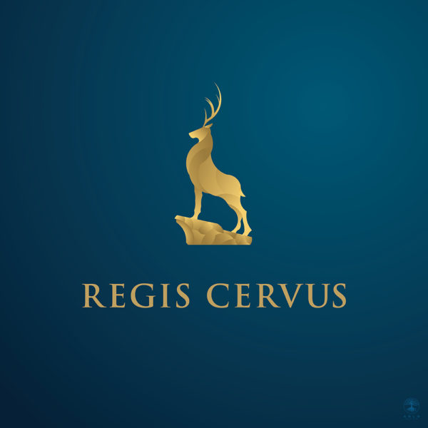 Logo design of a gold stag on a blue background.