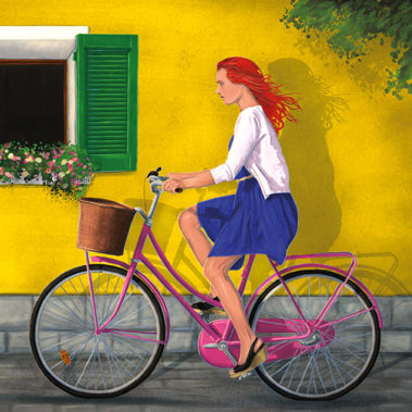 Digital illustration of a red haired woman cycling, in front of a yellow facade wall down a cobble street.