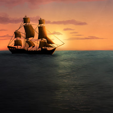 Digital illustration of a sail ship on the horizon.