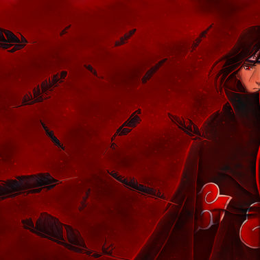 Digital illustration of Naruto character Itachi Uchiha surrounded by burning feathers.