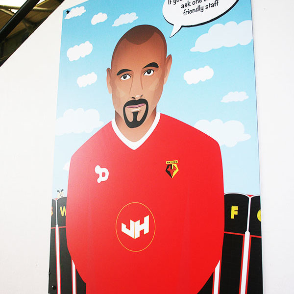 Heurelho Gomes printed illustration, displayed in the Family Stand at Vicarage Road Stadium.