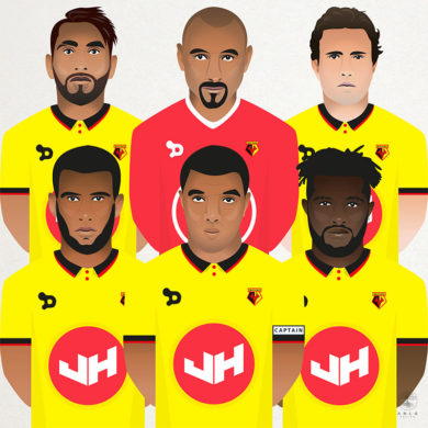 A selection of vector Illustrations of Watford Football Club players including, Troy Deeney, Etienne Capoue, Daryl Janmaat, Isaac Success, Roberto Pereyra and Heurelho Gomes.