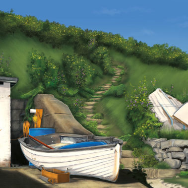 Digital illustration of a little boat in front of a green hill at Lulworth Cove.