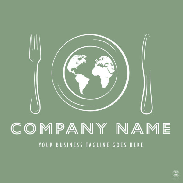White plate and cutlery logo concept with the world map in the middle.