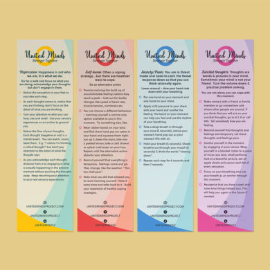 Image of four bookmark designs to promote mental health awareness for company United Minds.