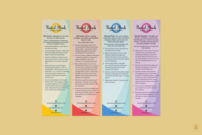 Image of four bookmark designs to promote mental health awareness for company United Minds.